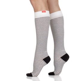 VIM & VIGR 30-40 mmHg Medical Grade Compression Socks for Women & Men (Cream & Black Pinstripe, Medium/Large (2))
