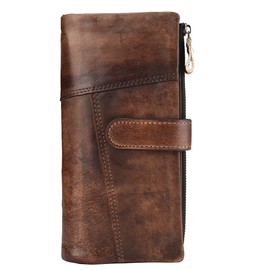 Cartera larga de cuero, organizador de tarjetas, bolso de mano para hombres, soporte para teléfono, bolso de muñeca, moneda, chequera, pasaporte, bolso retro, Café