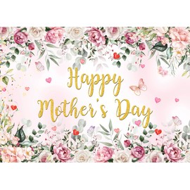 LYCGS 7X5ft Happy Mother's Day Backdrop Pink Watercolor Flowers Mother's Day Photo Background Mother's Day Photography Backdrops Mother's Day Party Decoration Banner X-229