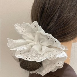 Large White Lace Scrunchies, White Hair Scrunchies with Ruffle Design, Thick Elastic Hair Bands, Double Layer Ponytail Holder Hairs Tie for Women Girls