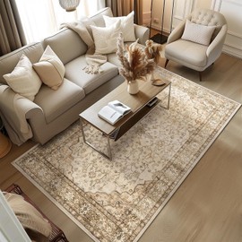 Topfinel Rugs Living Room 120x170 - Non Slip Washable for Bedroom Rug, Faux Wool Short Pile Beige Carpet with Anti Slip Backing for Kitchen, Hallway