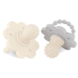 Soothipop Silicone Pacifier Teething Toys for Babies 0-6 Months 12, 18 Months - (2 Pack) Pacifier Shaped Baby Teether, Soft Teething Pacifiers for Babies Baby Teething Relief Flower (Gray & Cream)