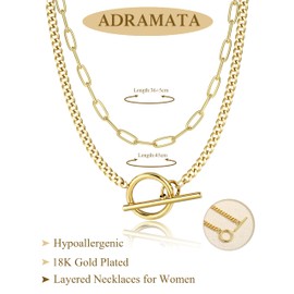 Adramata Necklace Women's Gold Stackable 14K Gold-Plated Chain Set Trendy Cuban Link Paper Clip Chain with Toggle Clasp Silver Chain Waterproof Jewellery, Copper
