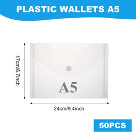 SHUESS 50 Pcs Plastic Wallets - A5 Plastic Wallets with Popper - Plastic Wallet Folders - Clear A5 Document Wallet for Home, Office, School