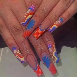 MISUD Press on Nails - Long Coffin Glue on Nails with Matte, Acrylic Colorful Checkered Design 24 pcs