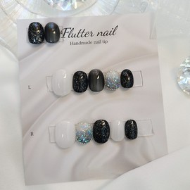 Black Glitter Pixie Handmade Nail Tips - Short Oval Mini / 블랙 글리터 픽시 수제네일팁 - 숏오발미니
