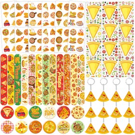 LCNJSCGO Pizza Party Favors - 60 Pieces Temporary Tattoos, Stickers, Bracelets, Keyrings and Badges for Kids Pizza Birthday Parties
