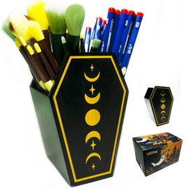 LIJEPNA Goth Makeup Brush Holder for Vanity Desk, Coffin Pen Holder for Office Desk,Wooden Pencil Holder,Gothic Makeup Organizer, Black Decor for Home,Room,Bathroom,Bedroom,Living room,Witchy Gifts