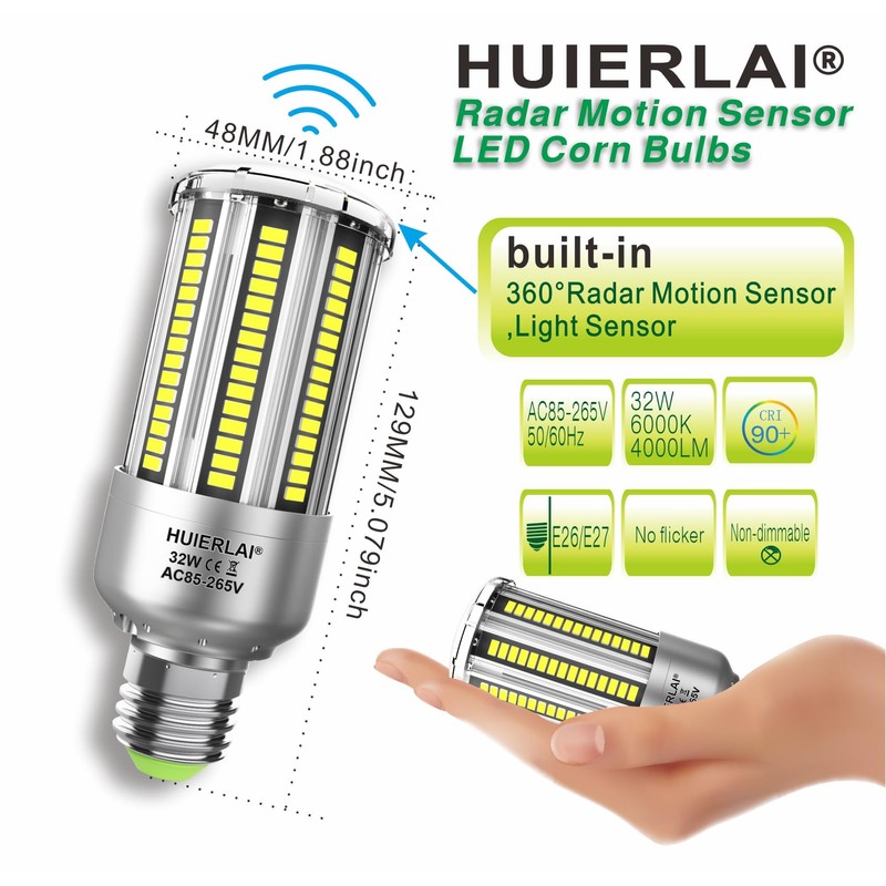 Radar Motion Sensor LED light bulbs, 32W Daylight White 6000K