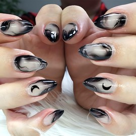 Press On Nails Almond Fake Nails Black Gradient Acrylic Nail With Glossy Shiny Design Press On Nails Kit Artificial Fake Nails Moon Stick On Nails Press On Nails For Women 24pcs