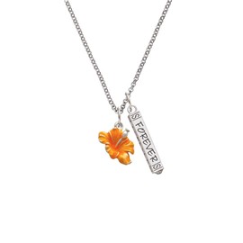 Delight Jewelry Silvertone Hot Orange Hibiscus Flower Silvertone Forever Bar Charm Necklace, 23"