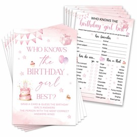Who Knows The Birthday Girl Best Birthday Party Game Cards, Pink Themed Sleepover Slumber Party Supplies, Birthdays Night Games Creative Idea, 20 Game Cards Set for Party Activity (Double-sided)-50