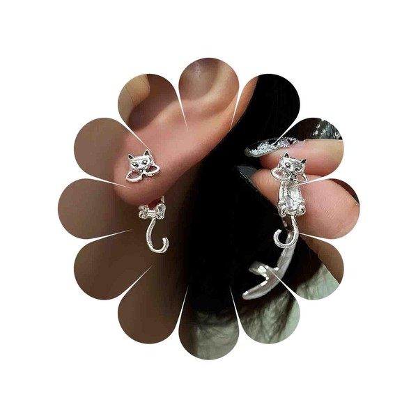TseenYi Cat Ear Jacket Earrings Silver Cat Earrings Cartoon Cat