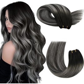 Moresoo Sew in Extensions Human Hair Ombre Black and Silver Remy Weft Hair Extensions Human Hair Balayage Black to Silver Sew in Hair Extensions Double Weft Remy Hair Wefts Human Hair 100G 14Inch