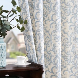 jinchan Curtains for Bedroom, Light Filtering Curtains 72 Inch Length 2 Panels Set, Baroque Style Linen Drapes for Living Room, Vintage Damask Patterned Window Treatments, Grommet Blue on Flax