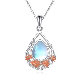 YAFEINI Birth Flower Necklace Hibiscus Sterring Silver Moonstone Pendant Gifts for Women Girls TearDrop Pendant Jewelry, 18+2, Sterling Silver, Moonstone
