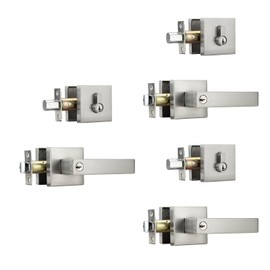 NCL Keyed Entry Door Lever with Single Cylinder Deadbolt (3 Pack),Keyed Different Heavy Duty Combination Set, Satin Nickel Exterior Door Lock Set for Front Door