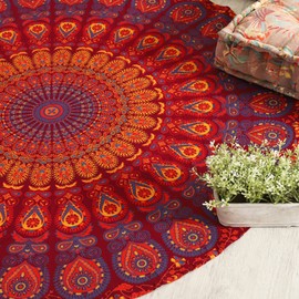 Popular Handicrafts Round Tapestry Wall Hanging Ombre Hippie Mandala Bohemian Hippy Intricate Indian Tapestries Tablecloth 50 Inches (127cm) Maroon Yellow