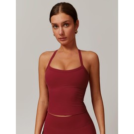 Womens Scoop Neck Longline Sports Bras Fixed Cross Back Women Workout Crop Tank Tops with Built in Bra Active Wear Athletic Work Out Gym Yoga Padded Bra Tank Top Wine Red M