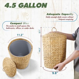 BLUEWEST BLUEWEST 4.5 Gallons Wicker Trash Can with Lid and Removable Liner, Wicker Rattan Bathroom Trash Can, Large Woven Trash Can for Office, Hyacinth Waste Basket for Bedroom, Living Room, Home Kitchen