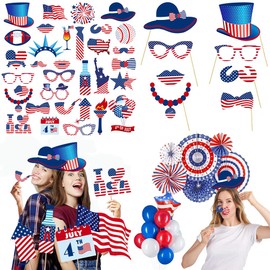 33 PCS 4th of July American Photo Booth Props USA Independence Day Patriotic Glasses I Love America Designer Photo Booth Props Kit Decor Celebrating Party DIY Decorations Supplies