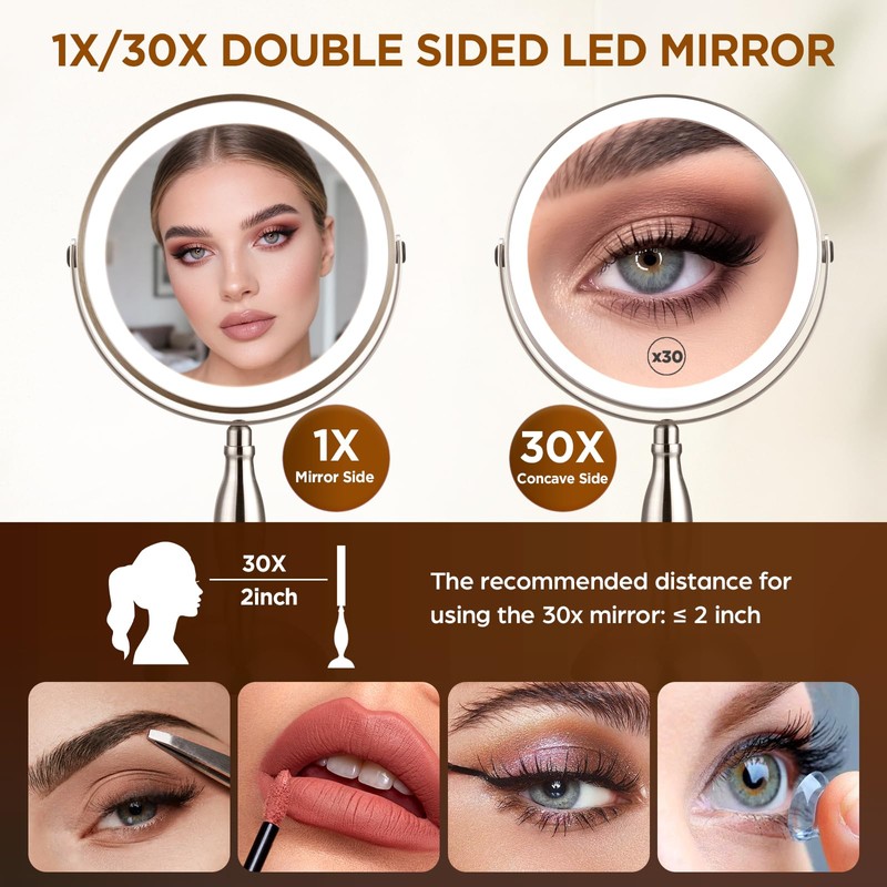Makeup Mirror with Light, 30x Magnifying Mirror with 3 Lights