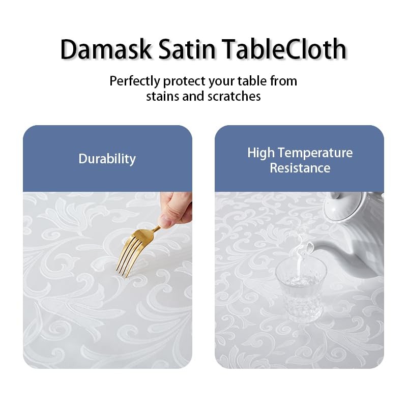 HommxJF Wave Scroll Damask Jacquard Rectangle White Tablecloth 60"x102"，Wipeable Table