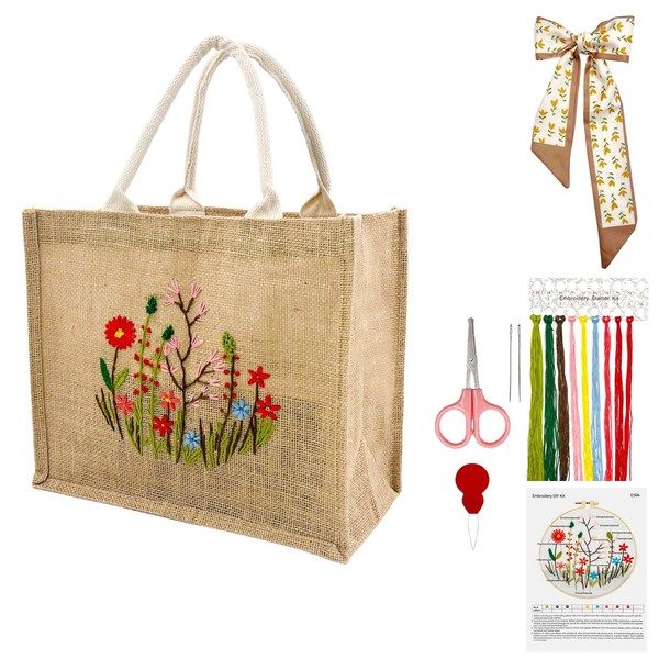 SNAIL GARDEN Linen Tote Bag DIY Embroidery Kit for Beginners