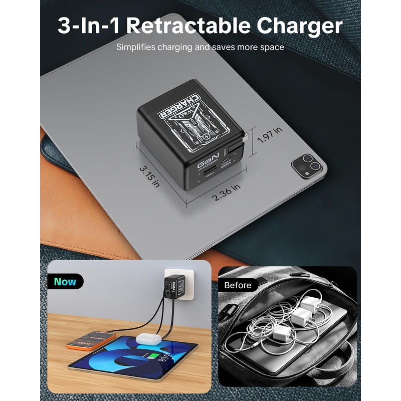 W & O Retractable Phone Charger with USB C Cable