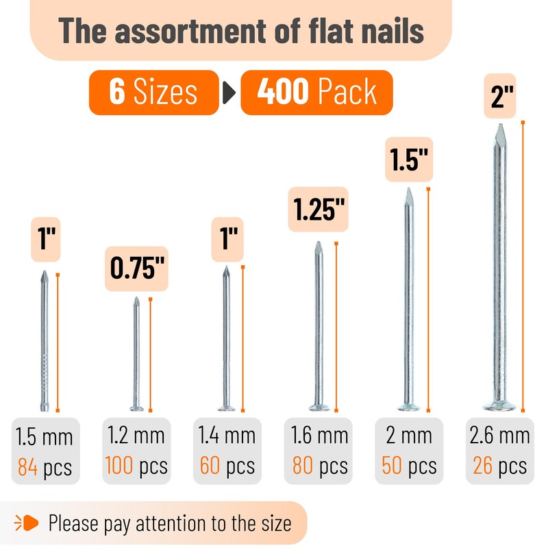 Mr. Pen- Nail Assortment Kit, 400 PCS, 6 Sizes, Silver,