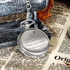 TREEWETO Mens Engraved Pocket Watch Father of The Groom Gifts from Bride - to Dad of Groom Pocket Watches Wedding Gift for Father in Law, Silver