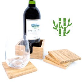 Bamboo Wood Square Coaster for Drinks with Holder Set of 4 Engraved in USA Kitchen Barware Gift for Christmas Housewarming Wedding Bridal Shower Gift Stylish Furniture Protection (Flower Design)