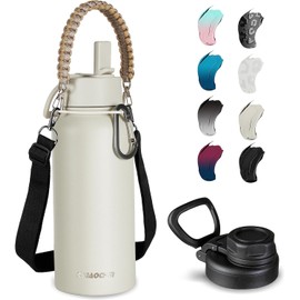 24 oz Insulated Water Bottle with Paracord Handles & Strap, 2 Lids(Straw Lid&Spout Lid), Stainless Steel Reusable Wide Mouth Metal Water Bottle With Straw, Double Walled, Thermo Mug（Cream)