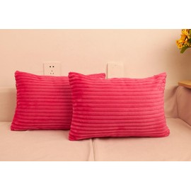 TangDepot, Set of 2 Soft Plush Velvet Big Striped Corduroy Solid Decorative Throw Pillow Covers, Lumbar Pillow Covers - (12"x20" 2 Pieces, A76 Deep Hot Pink)