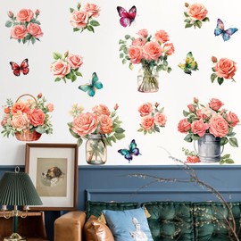 RAINBOW WSK Blue Peony Flower Wall Decals Peel and Stick Rose Leaf Botanical Wall Stickers Removable Vinyl Wall Decor for Girls Room Bedroom Living Room Bathroom KSY-261