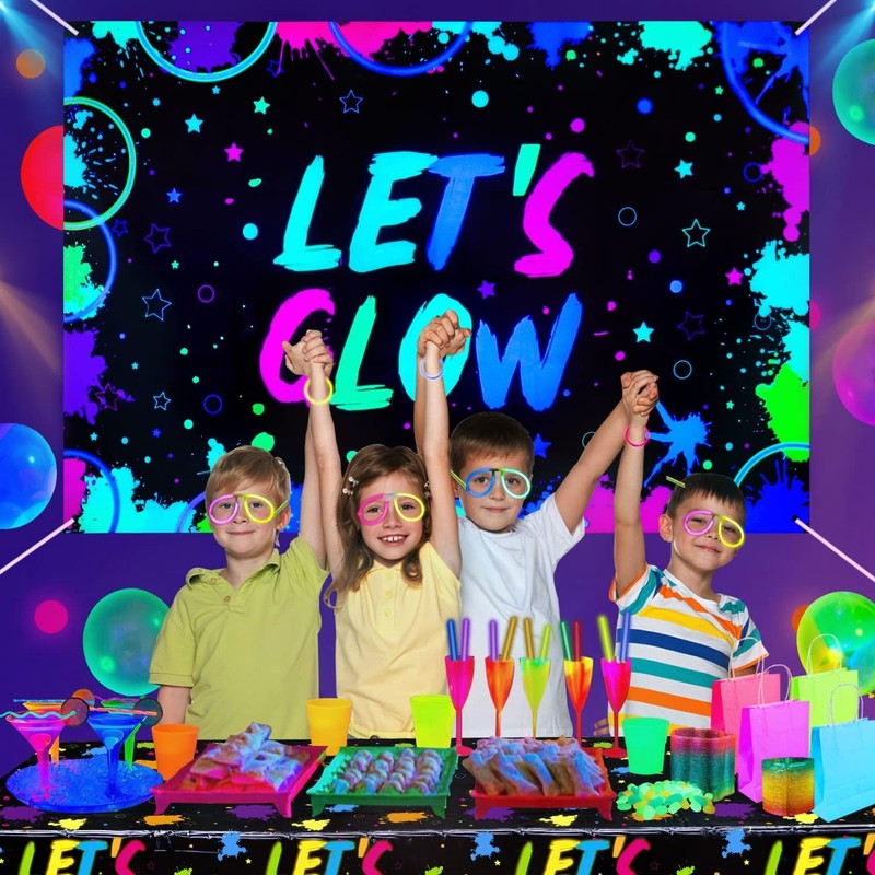 Glow Neon Birthday Backdrop - Let's Glow Banner for Black