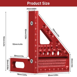 Fentar 3-D Speed Square, 22.5-90° Aluminum Alloy Combination Square, Accurate Carpenters Square with 11 Different Drill Holes and Positioning Aid, Multifunctional Woodworking Tools Set Square, Red