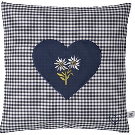 Swiss pine cushion embroidered with heart and edelweiss blue chequered size 40 x 40 cm filled with pine flakes from Alpine pine wood in extra ticking