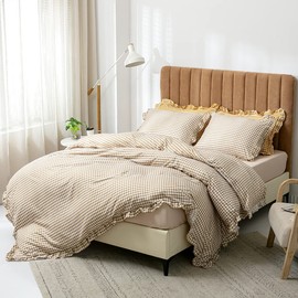JIAOZUOSIGA Ruffle Duvet Cover Twin Size, 100% Microfibre Vintage Ruffle Plaid Bedding Set, Soft Breathable Quilt Cover 2 Pieces Zipper Closure (Twin 66"x90")