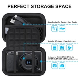 Lacdo Camera Carrying Case for RICOH GR III HDF/GR IIIx HDF/GR IIIx/GR III/GR II/GR Digital Camera, Hard EVA Protective Camera Storage Trave Bag, Mesh Pocket fits Batteries, USB Cable, Black
