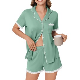Ekouaer Womens Short Sleeve Pajamas Set Soft Sleepwear Button Down Lounge Set Lace Top and Shorts Pj Nightwear Mint Green