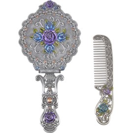 Nerien Juego de peines de espejo clásico de metal antiguo estilo rosa de mano espejo de maquillaje de viaje redondo plegable espejo cosmético mango de cambiador para mujer espejo decorativo espejo de mesa antiguo peltre