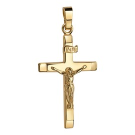 JEVELION Gold Cross Pendant Crucifix Jesus Christ with INRI Engraving for Women, Men and Children as a Necklace Pendant with Case, Yellow Gold