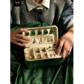 TAIMY Velvet Jewelry Boxes, Plush Velvet 2 Layer Travel Jewelry Organizer for Women, Portable Travel Jewelry Case Ring Earrings Necklace Bracelet Storage Holder Display(Dark Emerald)
