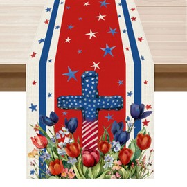 XCHI Watercolor Colorful Tulips Flowers America Stars Patriotic 4th of July Memorial Day Independence Day Table Runner Decoration for Home Kitchen Holiday Party 13x90 Inch