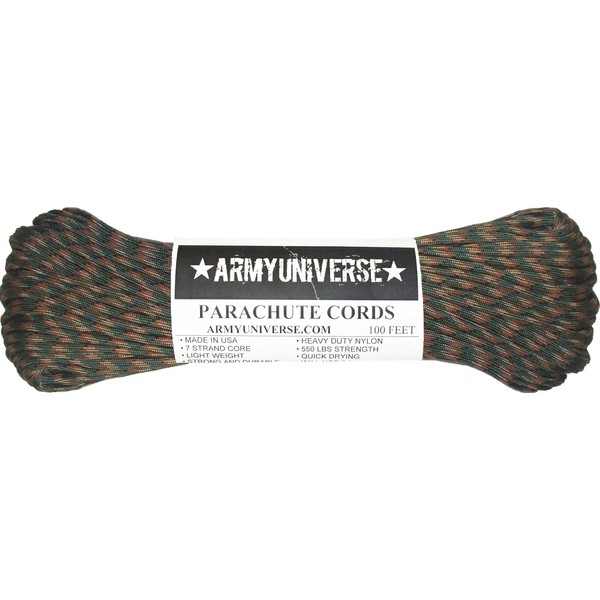 Army Universe Woodland Camouflage Nylon Paracord 550 lbs Type III 7 Strand USA Made Utility Cord Rope 100 Feet