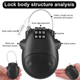 Weploda Cable Lock, Cable Lock, Combination Lock, 70 cm, Portable Helmet Lock, Cable Lock with 3 Number Discs, 50 x 70 mm / 1.96 x 2.75 Inches, Lock with Combination Code, Wire Lock, Roller Lock