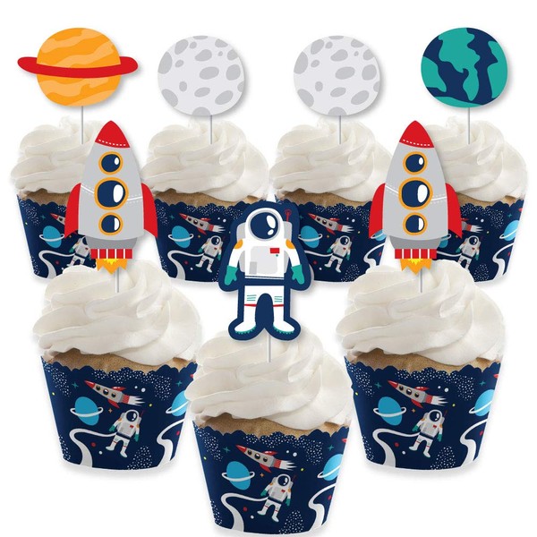Big Dot of Happiness Blast Off to Outer Space – Decoración para cupcakes – Cohete para baby shower o fiesta de cumpleaños Cupcake Wrappers and Treat Picks Kit – Juego de 24