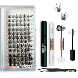 Diy Lash Extension Kit, COLOR SHE 72 Pcs Lash Clusters Eyelash Set with Long Lasting Bond and Seal and Remover and Tweezer, 8-16mm Mix Individual False eyelashes Suitable for Sensitive Eyes Lash Glue (C2D)