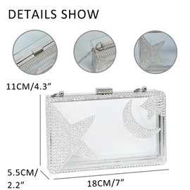 LAGO DE SAC Ladies Clear Acrylic Moon and Star Rhinestone Chain Bag Sparkly Transparant Clutch Purse for Woman Evening Wedding,Party,Prom (Silver)